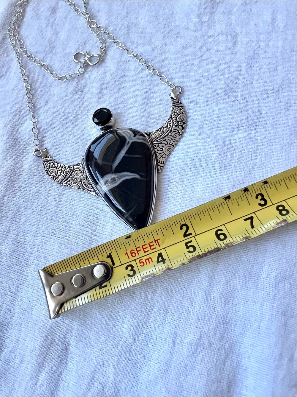 925 Ancient Black SEPTARIAN Quartz Crystal Embossed Necklace - Picture 8 of 9